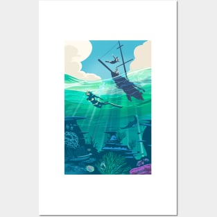 Reef Diver and Snorkeller Retro Sailing Travel Poster Posters and Art